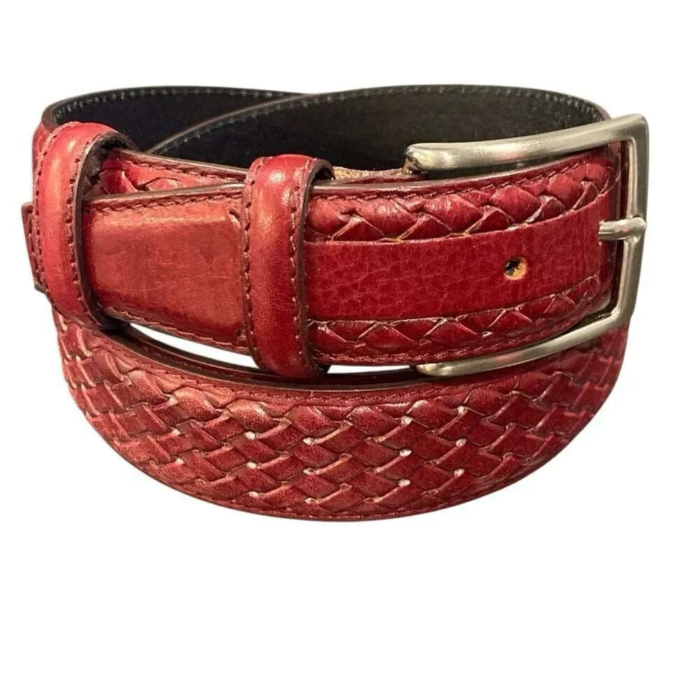 Mens Italian Leather Belt Wine Basket Weave Made in Italy Size 130/115 US 44–46